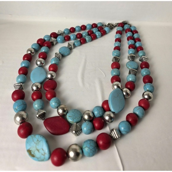 Faux Acrylic Turquoise, Real Coral, and AB Rhinestone Southwest Vibe Necklace! - Picture 2 of 5